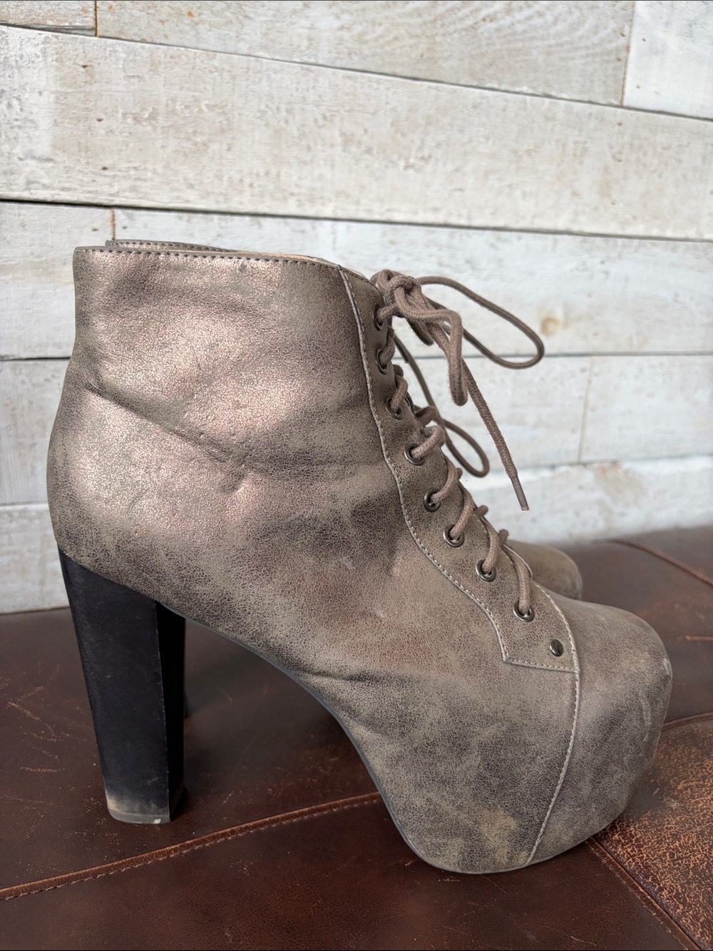 Jeffrey Campbell Lita Metallic Distressed Platform Lace-Up Ankle Boots